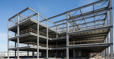 Modern building under construction showcasing structural steel framework