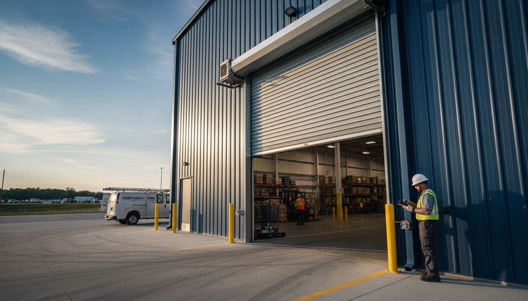 Worker checking tablet at warehouse entrance