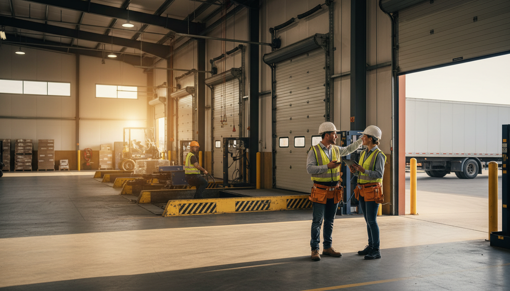 Logistics professionals discussing operations at a busy warehouse loading dock