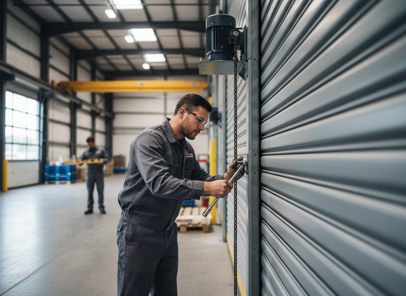 Technician fixing industrial rolling door