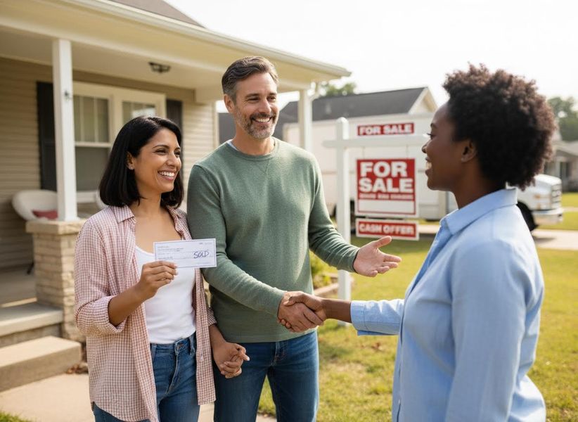 A happy couple, holding a 'SOLD' check, shakes hands with their real estate agent in front of their new house with 'For Sale' signs. Couple and Real Estate Agent Celebrating Home Sale