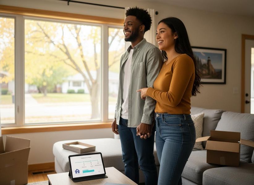 A smiling diverse couple holds hands, looking out a large window in their new home. A tablet with a housing app is on a coffee table. Boxes are nearby. Happy Couple Looking Out Window in New Home