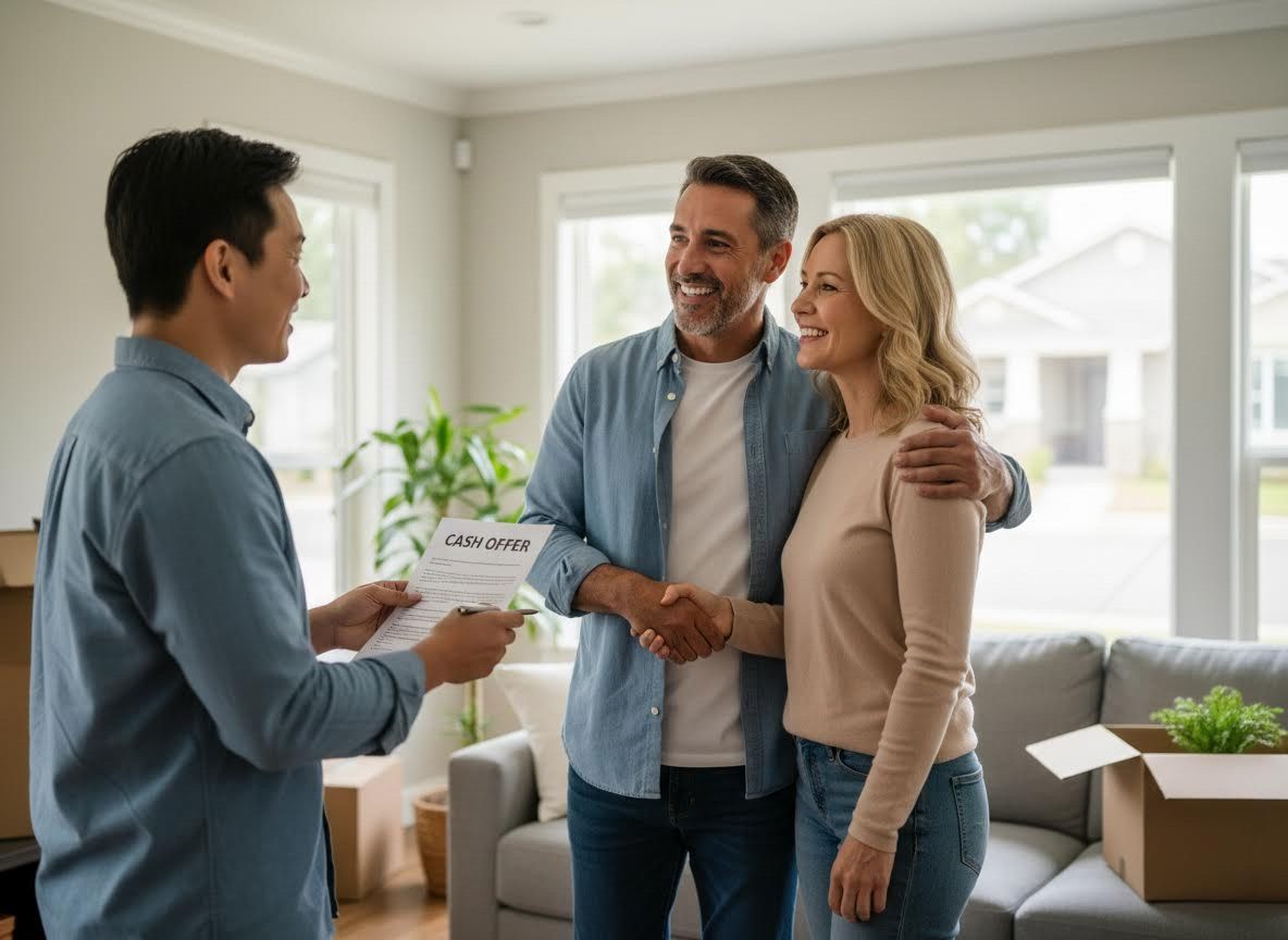 Real estate agent presenting cash offer to a happy couple in a new home