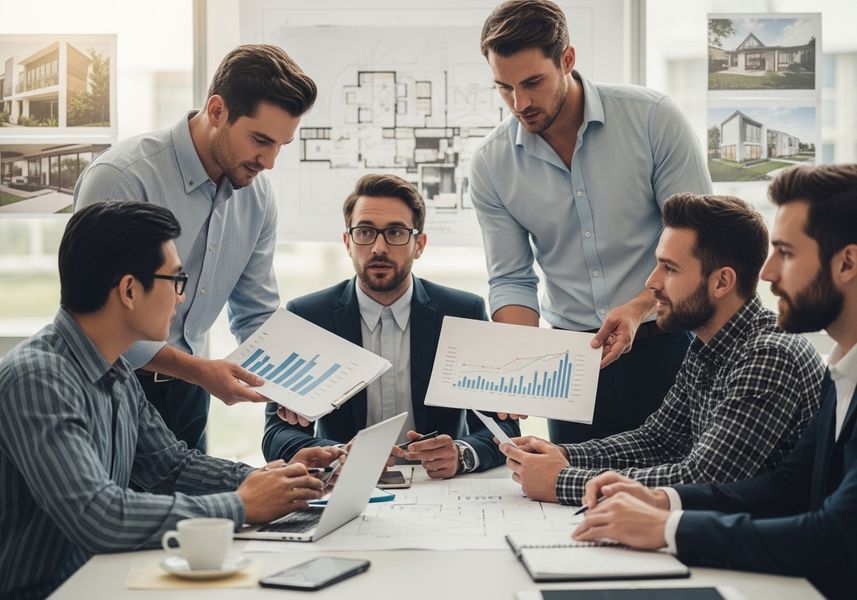 A diverse team of architects collaborates around a conference table, examining bar graph charts and architectural plans during a meeting. The image highlights teamwork, data analysis, and the design process in architecture. Team of Architects Analyzing Data at a Meeting