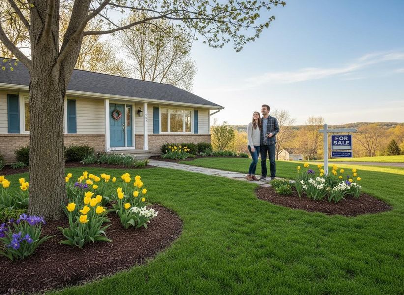 A young couple smiles while standing in the green yard of a single-story house with a blue door and a 'For Sale' sign. Couple in front of a house with a For Sale sign