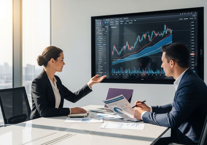 Business professionals analyzing stock market data