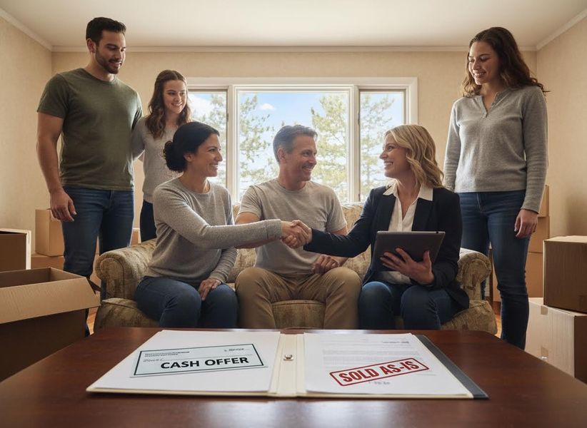 A family shakes hands with a real estate agent, finalizing a home sale with a cash offer and sold-as-is agreement amidst moving boxes. Family and Real Estate Agent Finalizing Home Sale