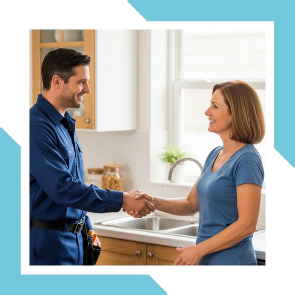 homeowner shakes hands with a plumber in the kitchen Sewer Repair 3.jpg