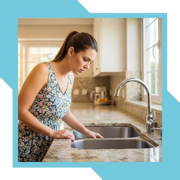 woman looks at kitchen sink drain with concern Sewer Repair 2.jpg
