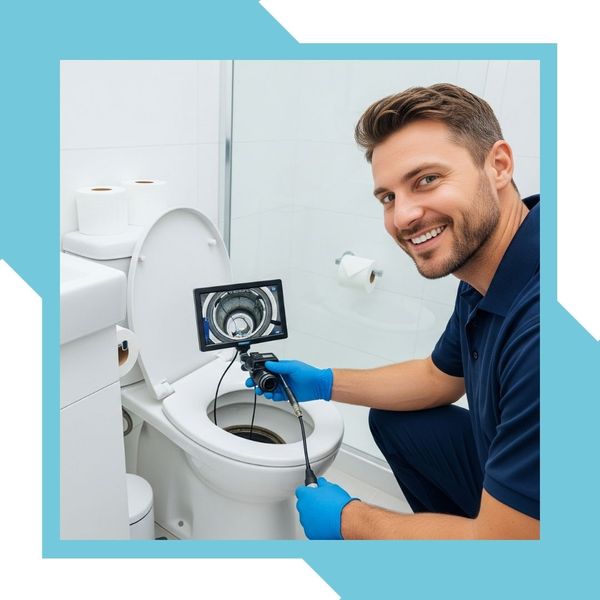 A trustworthy, licensed plumber from a local plumbing company inspecting the sewer line using a camera down the toilet in a bathroom. Sewer Cleaning 2.jpg