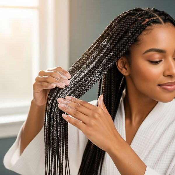 A woman with long, dark braided extensions is applying a white deep conditioning treatment to her hair A woman with long, dark braided extensions is applying a white deep conditioning treatment to her hair
