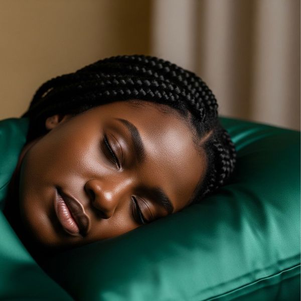 woman with her hair pulled back sleeping on a silk pillowcase woman with her hair pulled back sleeping on a silk pillowcase