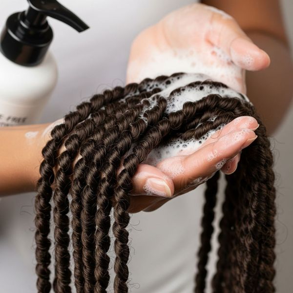 A close-up of hands gently cleansing long, dark brown, tightly coiled weave extensions with a bottle of sulfate-free shampoo. A close-up of hands gently cleansing long, dark brown, tightly coiled weave extensions with a bottle of sulfate-free shampoo.