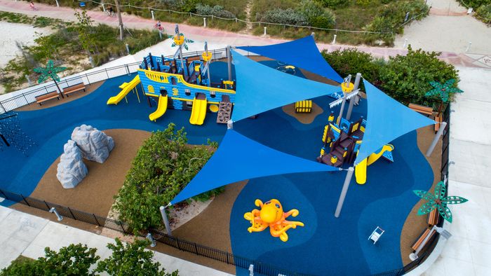 A custom-designed blue shade for a playground