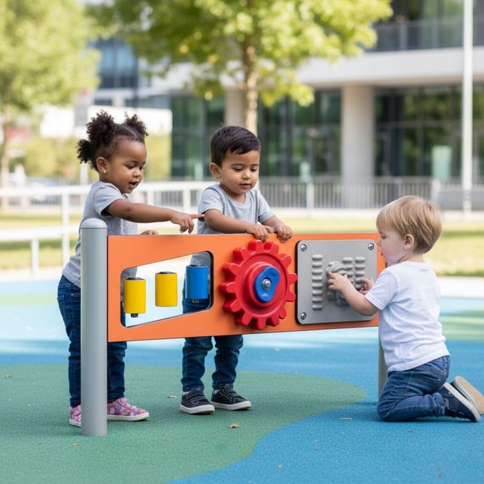 toddlers happily interact with a colorful, low-level multi-sensory playground panel