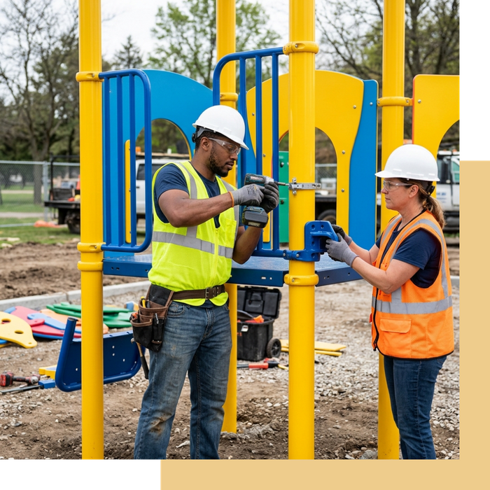 Certified playground construction team professionally installing a new commercial play structure.
