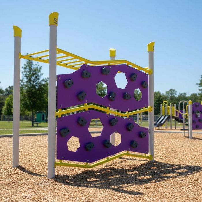 purple climbing wall on the side of a monkey ladder structure