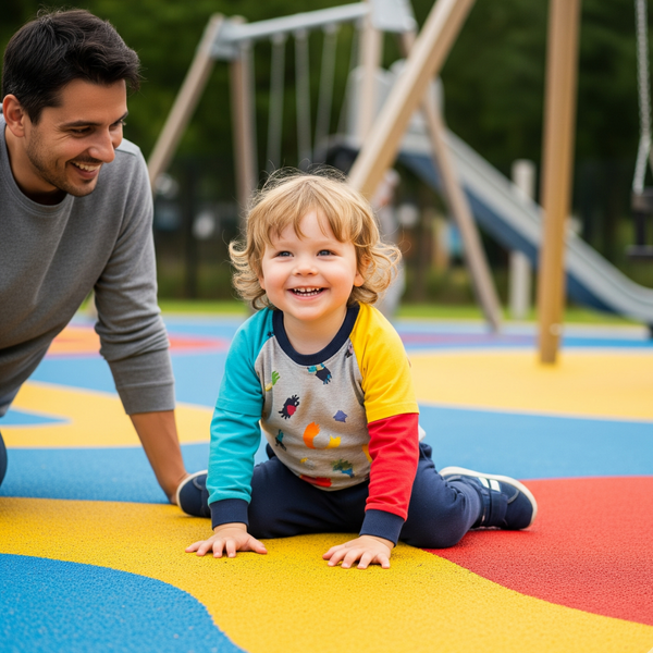 toddler and dad happily playing on surface 