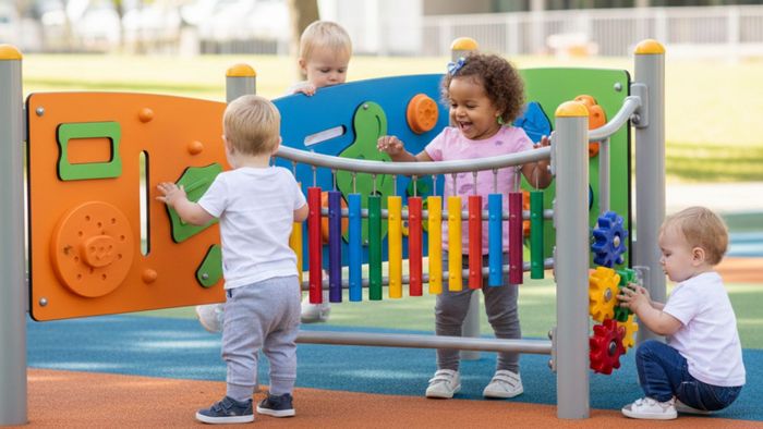 toddlers happily interact with a colorful, low-level multi-sensory playground panel featuring gears, tubes, and musical chimes toddlers happily interact with a colorful, low-level multi-sensory playground panel featuring gears, tubes, and musical chimes