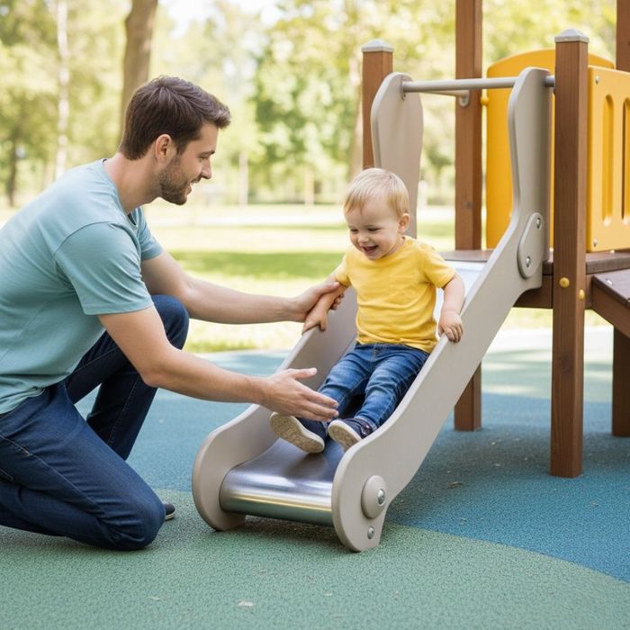 smiling adult helps a laughing toddler on a small, safe playground slide with soft ground surfacing