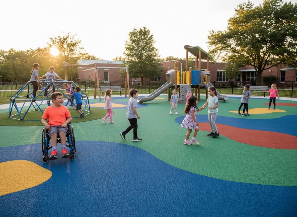 Children playing on an inclusive and accessible playground at sunset