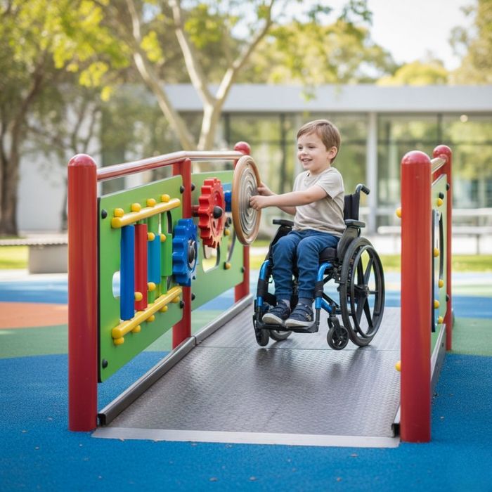 smiling child in a wheelchair actively engages with a steering wheel panel on an accessible playground ramp