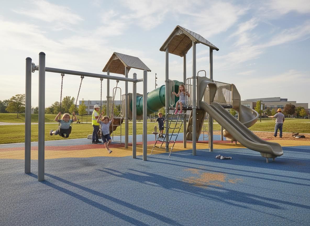 Children playing on a vibrant playground with swings and slides