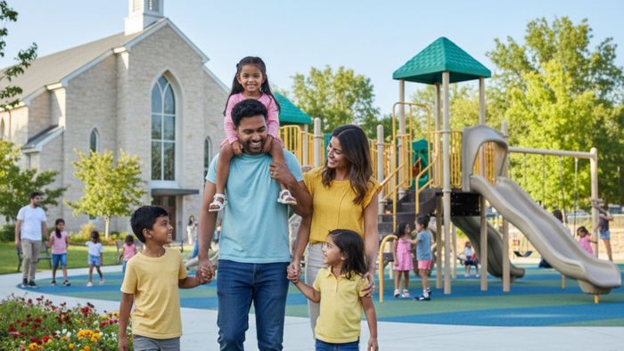 family at a church playground family at a church playground