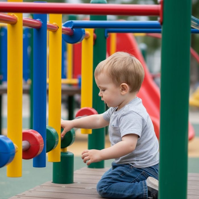 Toddler playing with colorful sensory tubes on a playground