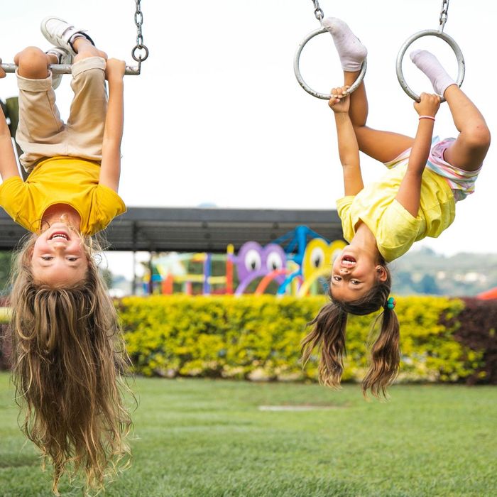 Two girls playing on a playground