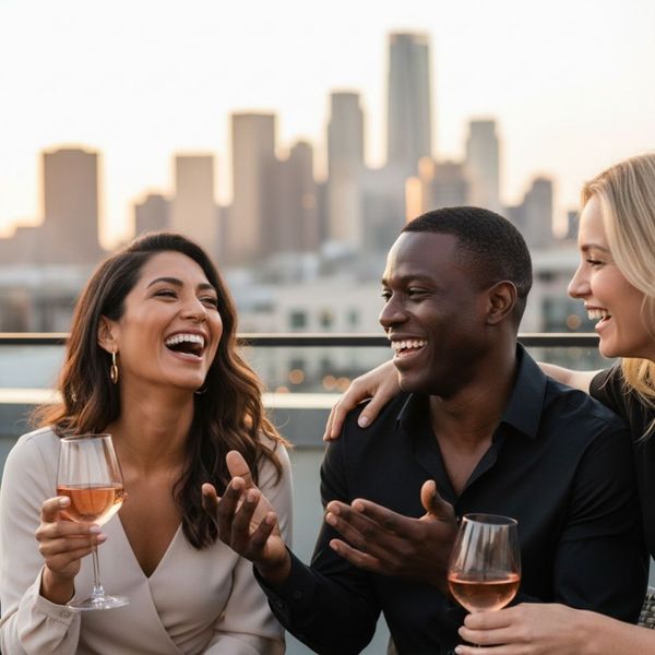 Diverse group of friends laughing together at a cafe, embodying social confidence after cosmetic treatments.