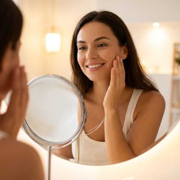 Confident young woman admiring her smooth skin in a vanity mirror
