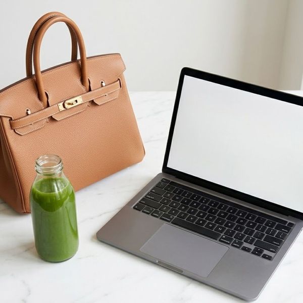 laptop, green juice, and purse symbolizing work and lifestyle
