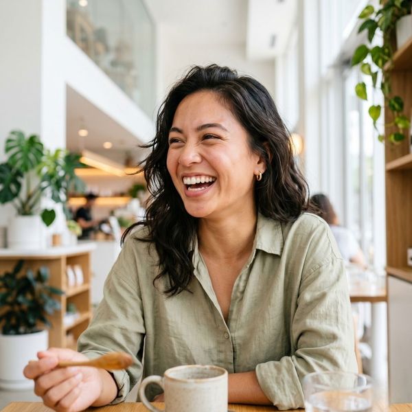 A young woman with a natural, refreshed complexion laughing in a sunlit room.