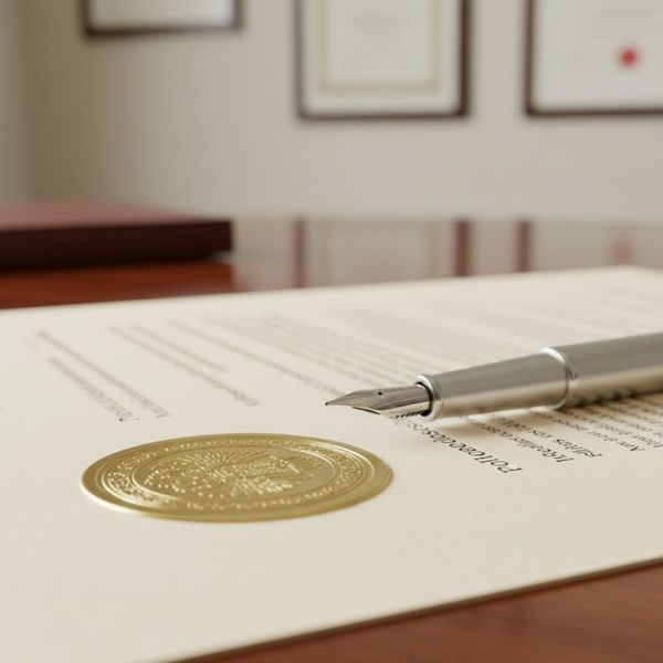 Close-up of an official document with a gold seal and pen, symbolizing regulatory approval.