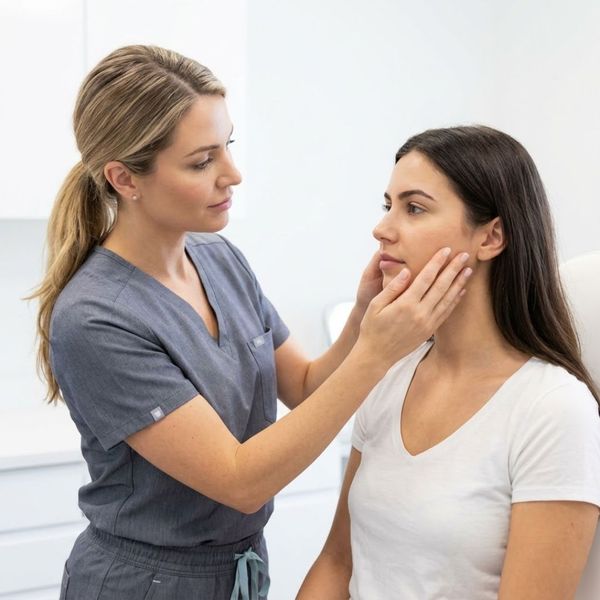 Aesthetic injector examining a young woman for preventative Botox treatment