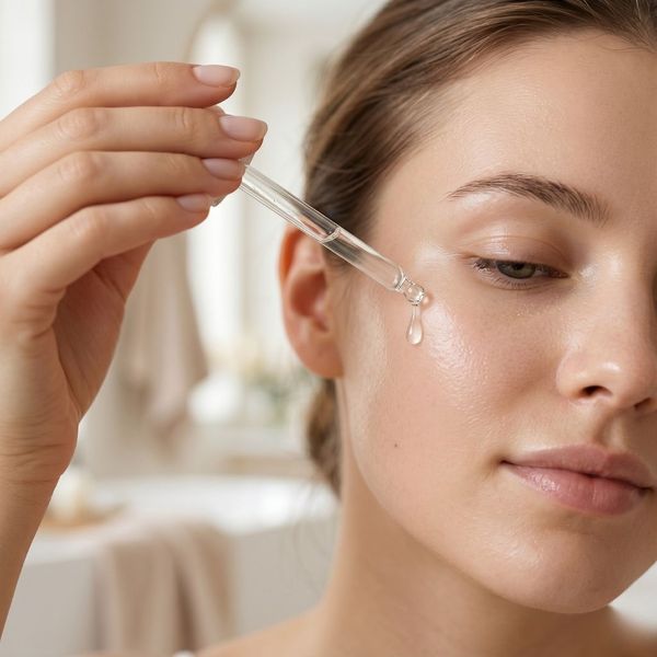 Macro photography of a skincare serum droplet on smooth skin representing preventative care.