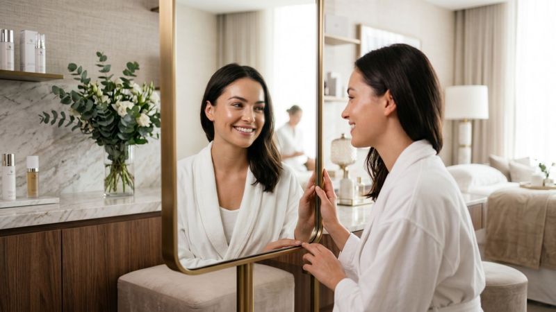 Close-up of a young woman with radiant skin in a bright, modern medical spa environment.