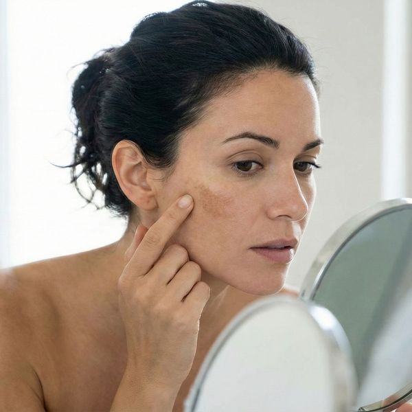 woman checking skin complexion in mirror for pigmentation