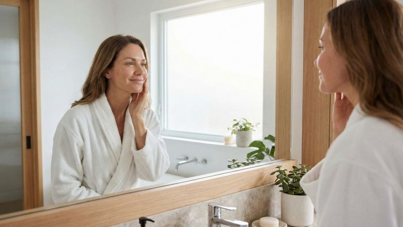 Woman with glowing skin looking in mirror