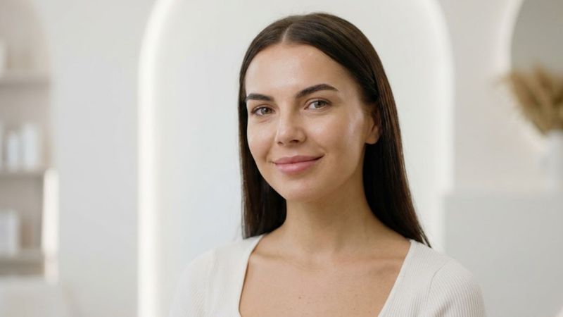 Young woman smiling in a bright modern med spa for preventative Botox
