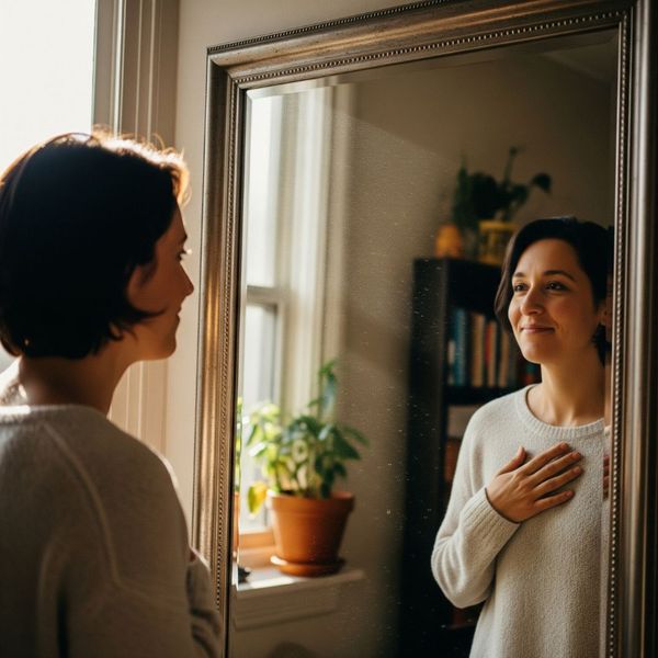 woman looking at herself in the mirror