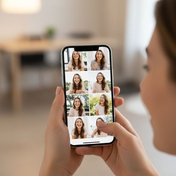 Woman confidently scrolling through happy photos of herself on a smartphone, symbolizing satisfaction with aesthetic results.