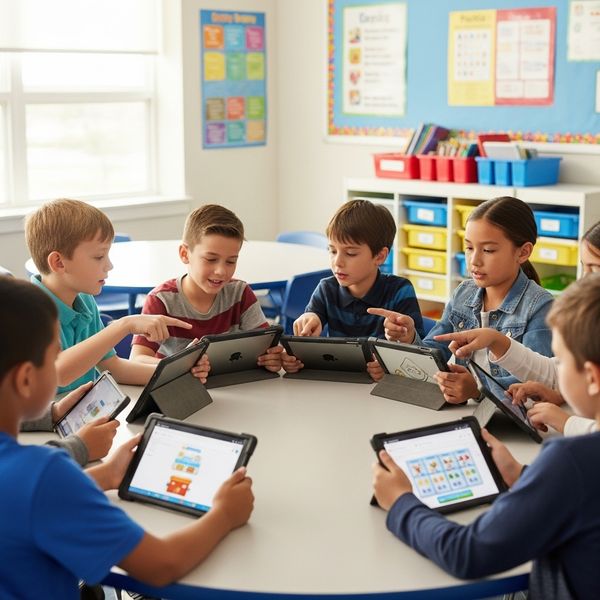 A diverse group of elementary students working together on a collaborative project using mobile tablets