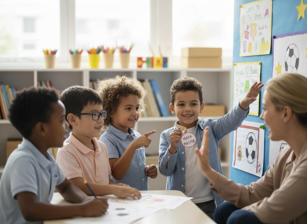 Diverse elementary students engaged with teacher in classroom