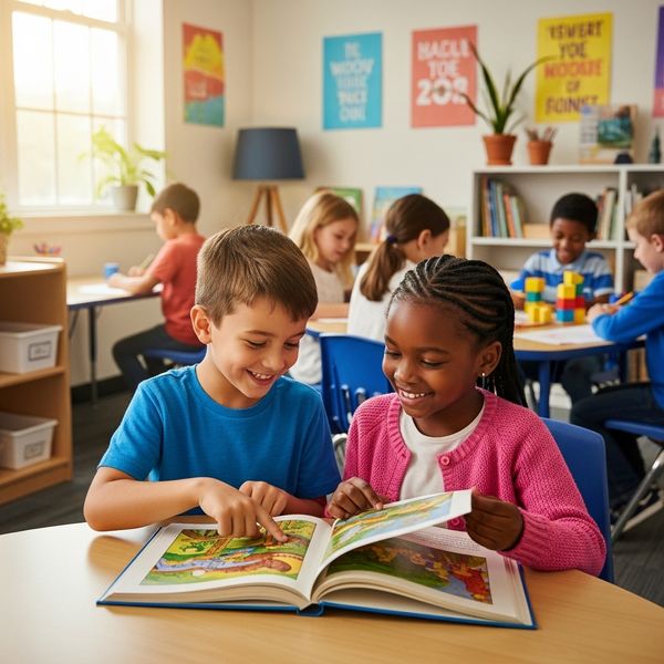 two kids reading a book and learning
