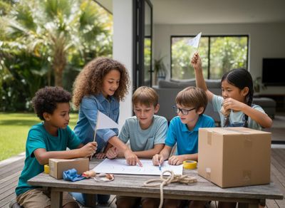 Diverse Kids Doing Craft Project Outdoors