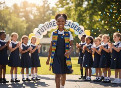 A confident young African American girl smiling and stepping forward during a graduation transition ceremony