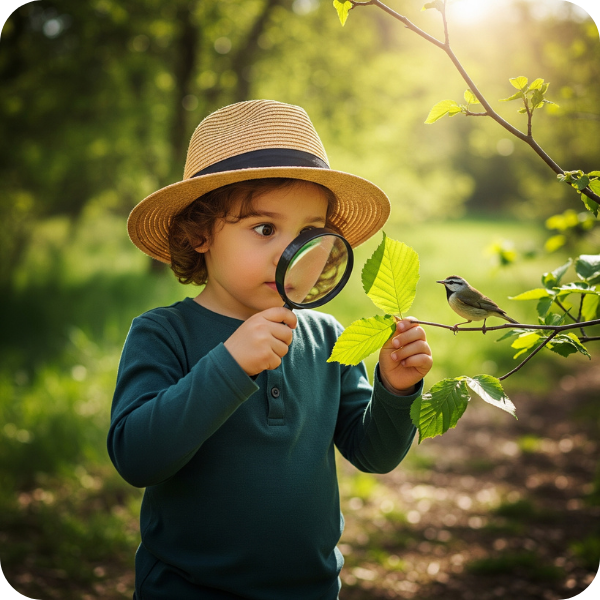 Child using a magnifying glass to examine a leaf in a peaceful outdoor environment. Child using a magnifying glass to examine a leaf in a peaceful outdoor environment.