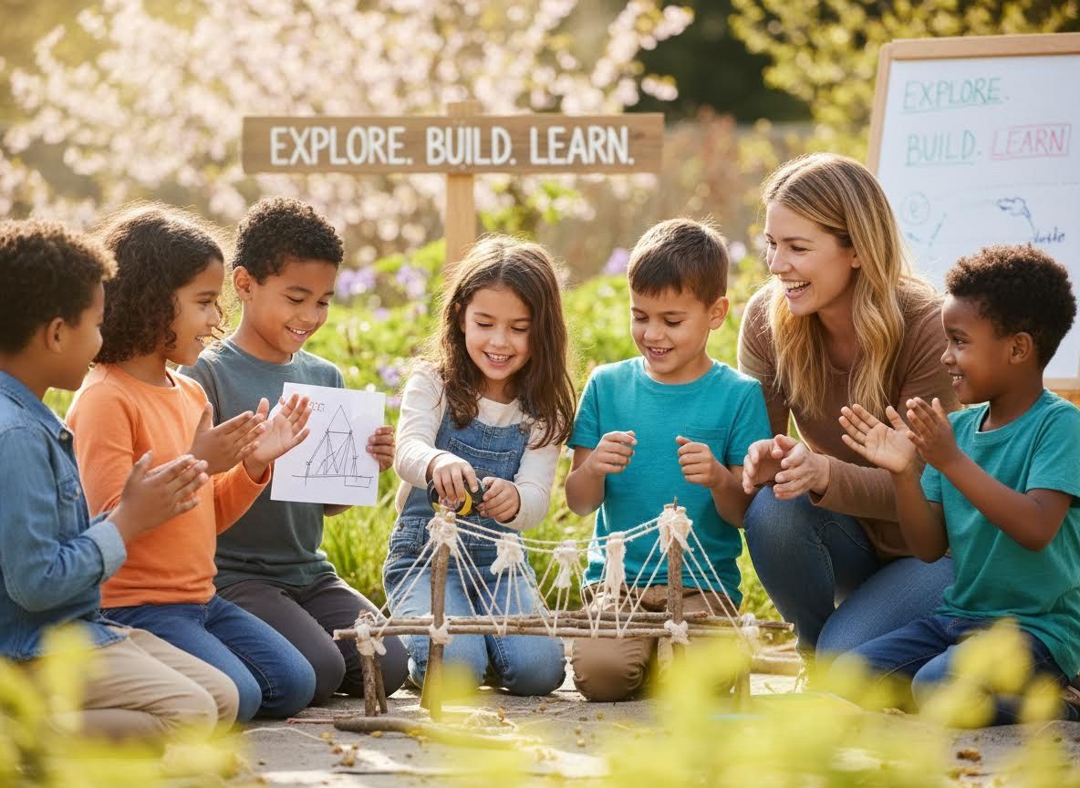 Children and Teacher Building Bridge Model Outdoors